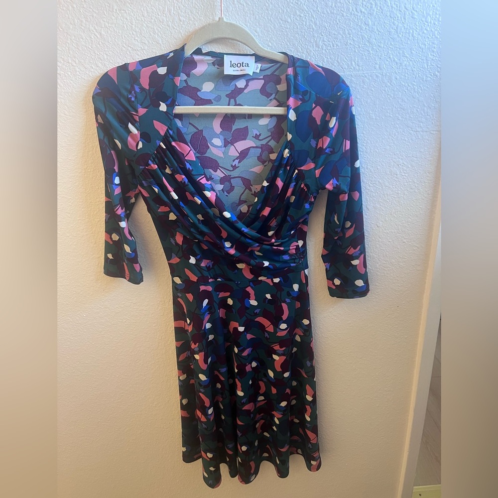 Leota Pink and Blue Ruched Faux Wrap Dress